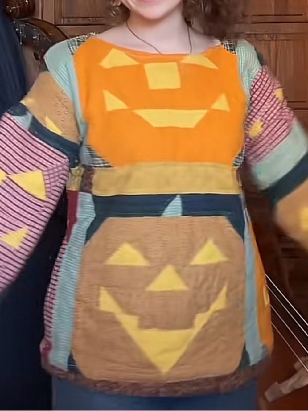 Patchwork Pumpkin Halloween Sweater - Orange & Yellow
